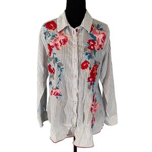 Soft Surroundings Sm Pinstripe Floral Embroidered Cotton Top Cottagecore Boho